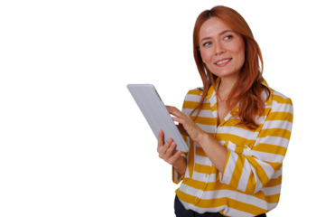 Redhead woman holding tablet looking away, smiling, using modern technology for work or education, transparent background