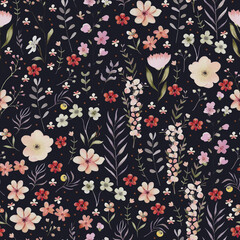 Beautiful seamless floral pattern with varied flowers on a dark background