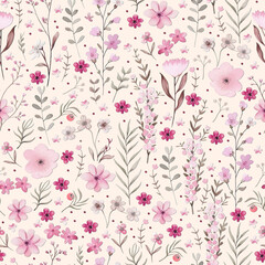 Delicate floral seamless pattern featuring soft pink blooms and green leaves on a light backdrop