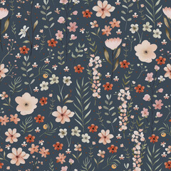 Colorful floral pattern with a dark background filled with various blooming flowers and greenery