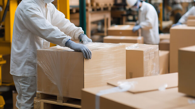 Worker in protective gear carefully handling a packaged box in a warehouse, ensuring safety and precision. Other workers in white coats are also visible. - Powered by Adobe