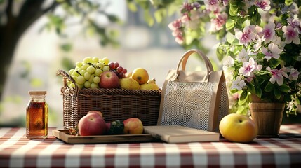 Elegant Picnic Basket with Fruit and Floral Accents