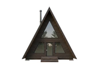 Isolated triangular A-frame cabin architecture with a rustic wooden exterior, chimney
