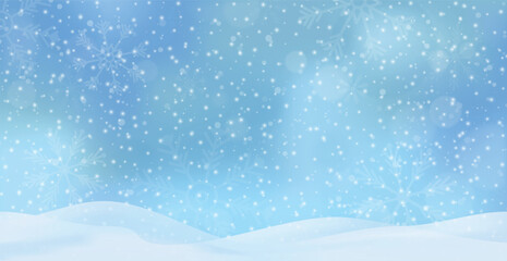 White falling snow, big snowdrifts, different snowflakes, festive Christmas background - Vector illustration