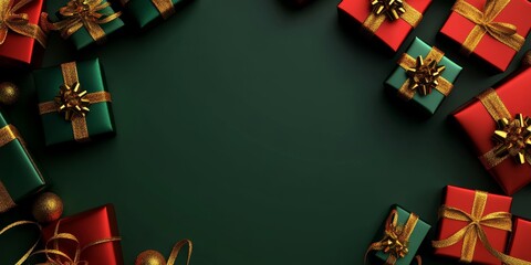 Elegant Christmas Time Festive Mood with Red, Gold, and Green Presents in a Flat Lay Style Backdrop