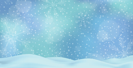 White falling snow, big snowdrifts, different snowflakes, festive Christmas background - Vector illustration