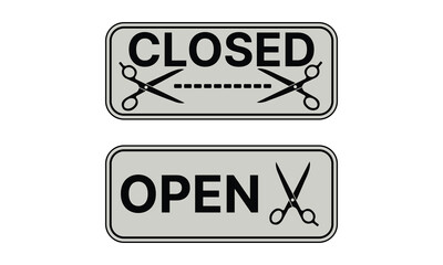 Informative vector illustration of 'Open' and 'Closed' signs for businesses, featuring classic scissors graphics, perfect for indicating operating hours for hair salons, barbershops, or tailor shops