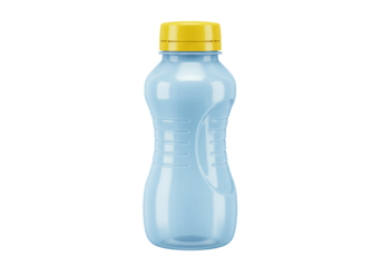 Isolated clear plastic bottle with yellow cap, empty container for liquid beverage use