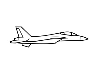 Modern jet fighter outline drawing, simple black lines, isolated on white background, ideal for educational or aviation-themed graphic projects.