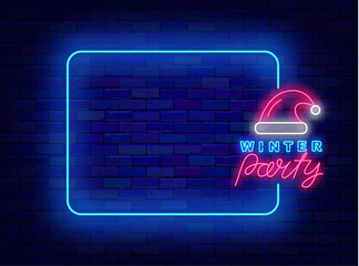Winter party. Happy New Year neon advertising. Empty blue frame. Santa hat. Vector stock illustration