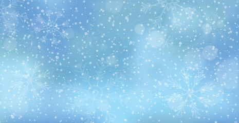 White falling snow, big snowdrifts, different snowflakes, festive Christmas background - Vector illustration