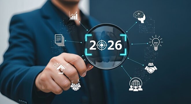 Focus 2026 with Magnifying Glass, Digital Icons, Future Vision, Innovation and Growth