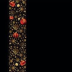Happy New Year and Merry Christmas greeting card, holiday banner, web poster. Dark background with shining golden snowflakes and red Christmas balls - Vector illustration