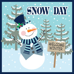 Christmas card with snowman and tree