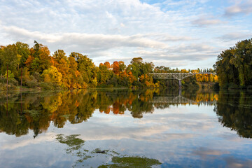 Willamette River in Newberg, Oregon, with beautiful autumn colors foliage on riverbanks