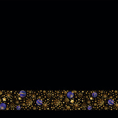 Happy New Year and Merry Christmas greeting card, holiday banner, web poster. Dark background with shining golden snowflakes and blue Christmas balls - Vector illustration