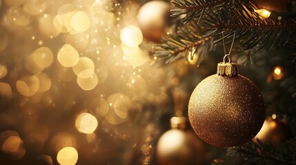 Close up of ornaments hanging pine branches sparkling fairy lights golden tones dreamy festive background no humans