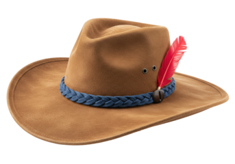 Isolated leather Aussie hat with red feather and braided trim, Australian outback style