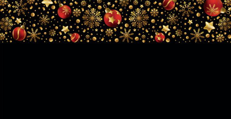 Happy New Year and Merry Christmas greeting card, holiday banner, web poster. Dark background with shining golden snowflakes and red Christmas balls - Vector illustration