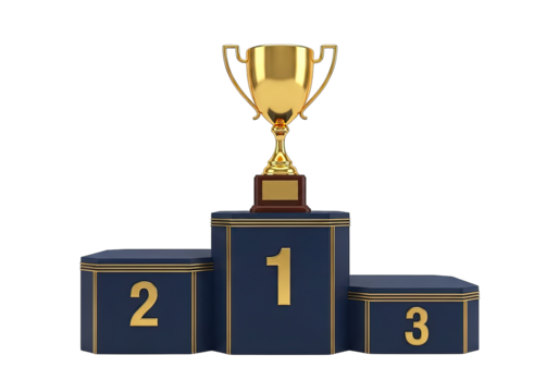 Golden Trophy on Blue Podium Displaying Numbered Places on Transparent Background