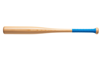 Isolated wooden baseball bat with blue grip for sport equipment and recreation equipment