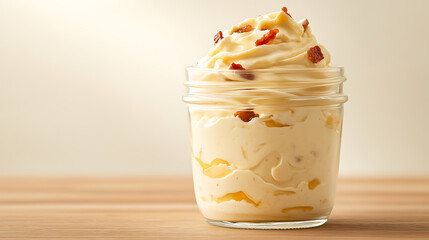 Indulge in a creamy, decadent dessert featuring layers of smooth custard and crispy bacon crumbles, served in a glass jar. A sweet and savory treat to satisfy your cravings!
