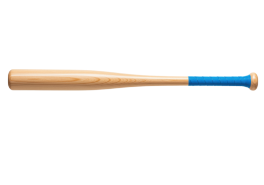 Isolated wooden baseball bat with blue grip for sport equipment and recreation equipment