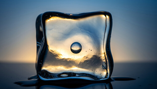 Close-up of melting ice cube with sunset reflection on a dark surface