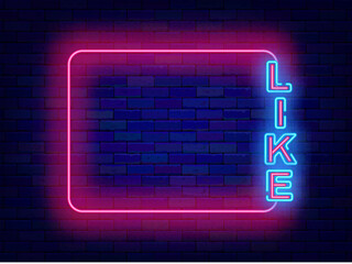Like neon banner. Social media subscriber. Night club dance. Empty pink frame and typography. Vector stock illustration