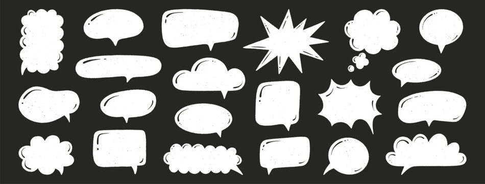 Crayon speech bubble set. Chat talk boxes. Chalk draw silhouette frames. Kid doodle dialogue balloon cloud. Pencil drawing, white thought elements, black background. Vector illustration