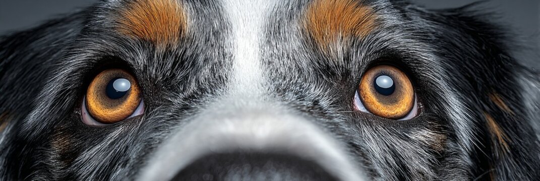 Stunning Australian Shepherd Portrait Capturing Soulful Golden Eyes Against a Soft Gray Background