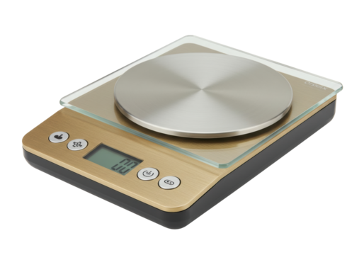 Isolated kitchen scale for precise measurement of ingredients, gold and black color scheme