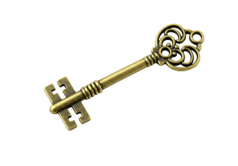 Isolated antique key, vintage-style skeleton key with filigree detail and aged bronze tone