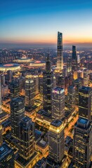 Fototapeta premium Illuminated Asian city view at dusk, showcasing skyscrapers, roads, and stadiums