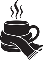Cozy hot drink in a mug wrapped in a scarf illustration
