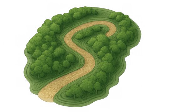 Winding path through forest, aerial view of green trees and ground trail, strategic journey concept on transparent background - Powered by Adobe