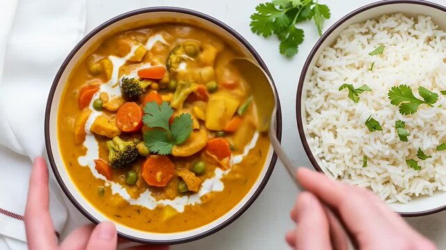 A Hand Stirs a Delicious Bowl of Creamy Vegetable Curry with a Spoon, Ready to Eat with Rice