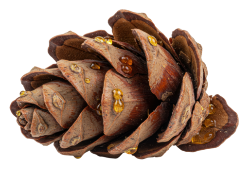 Isolated cone of brown autumn coniferous plant with golden resin, perfect for nature themes