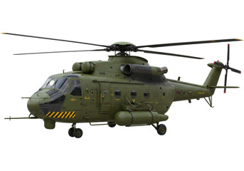 Isolated olive-drab military helicopter with tail rotor and fuel pods for air support missions