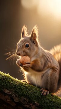 Adorable Red Squirrel Grips Nut on Mossy Branch in Golden Sunlight