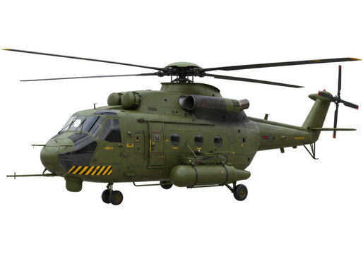 Isolated olive-drab military helicopter with tail rotor and fuel pods for air support missions