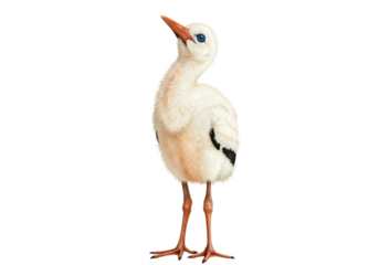 Isolated stork chick with fuzzy feathers and orange beak looking up in a cute way