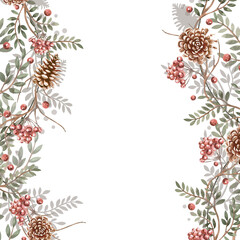 Naklejka premium A square frame with a composition of branches and pine cones. Isolated watercolor illustration for Christmas packaging design, interior decoration, and printing on posters, fabrics, and cards.