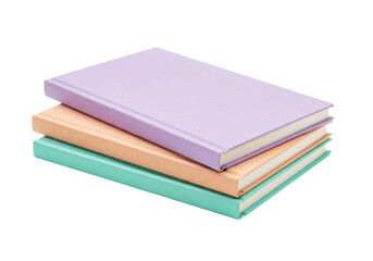 Isolated Stack of three colorful notebooks, light purple, orange, and mint colors, plain covers