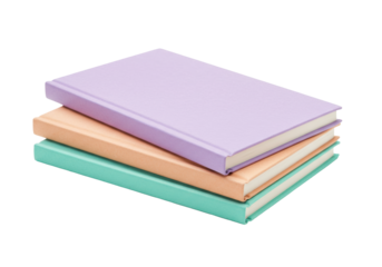 Isolated Stack of three colorful notebooks, light purple, orange, and mint colors, plain covers