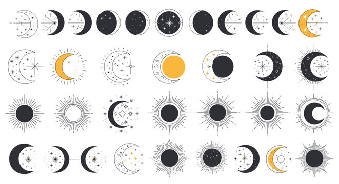 Set of mystical celestial symbols featuring diverse moon phases, sunbursts, and starry crescent moons, ideal for astrology and esoteric themes.