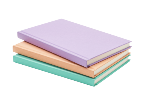 Isolated Stack of three colorful notebooks, light purple, orange, and mint colors, plain covers