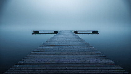 Misty wooden dock extending into calm water with benches at dusk in a serene landscape