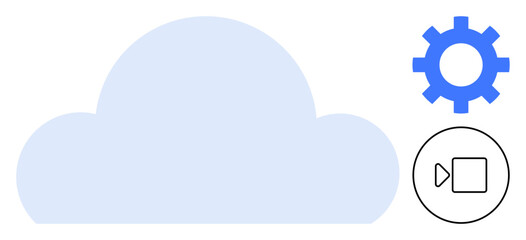 Cloud graphic alongside a gear representing settings and a play button for video playback. Ideal for cloud computing, technology, data storage, media, user interface, innovation, simple flat metaphor