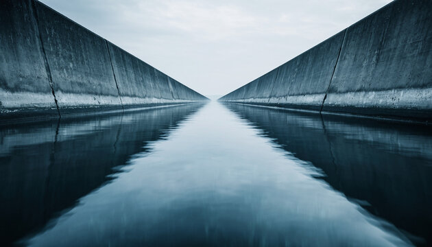 Symmetrical view of a calm waterway between two concrete walls under a cloudy sky
